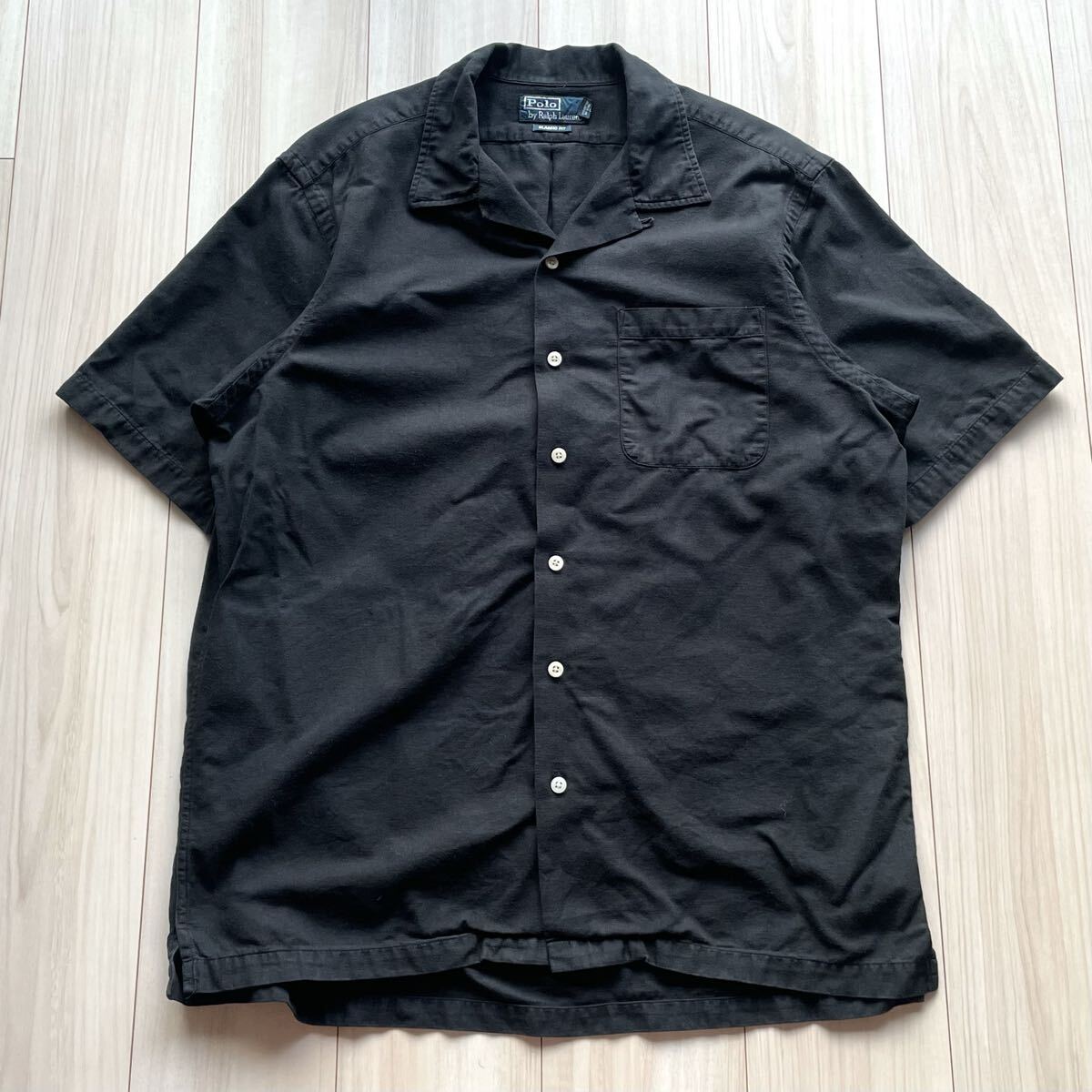 ブラック!完全無地!90s ポロラルフローレン 開襟シャツ L 100%コットン caldwell オープンカラー ralph lauren ビンテージ Vintage 黒拍卖