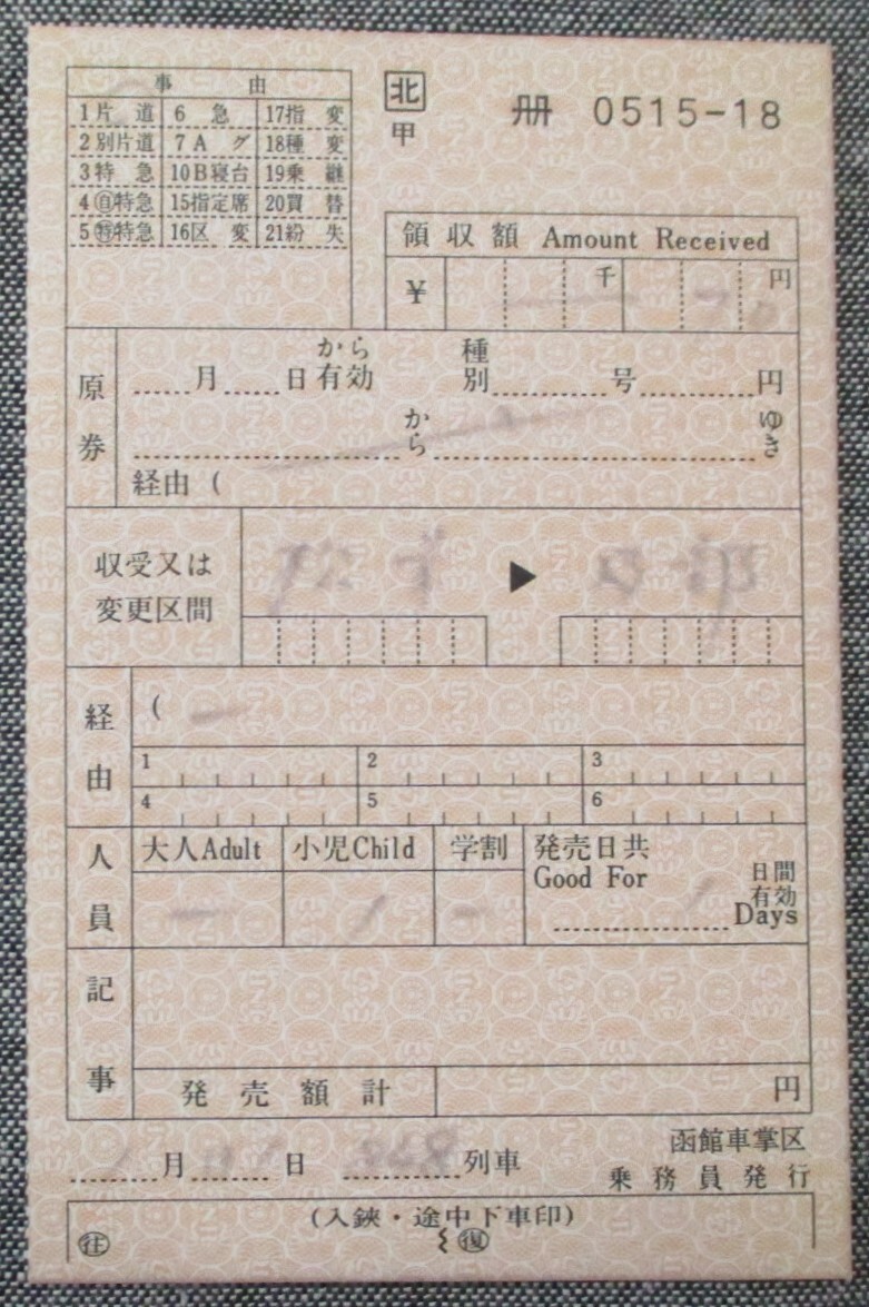 JR北海道 函館車掌区乗務員発行 車内補充券 松前→及部 (松前線) 拍卖