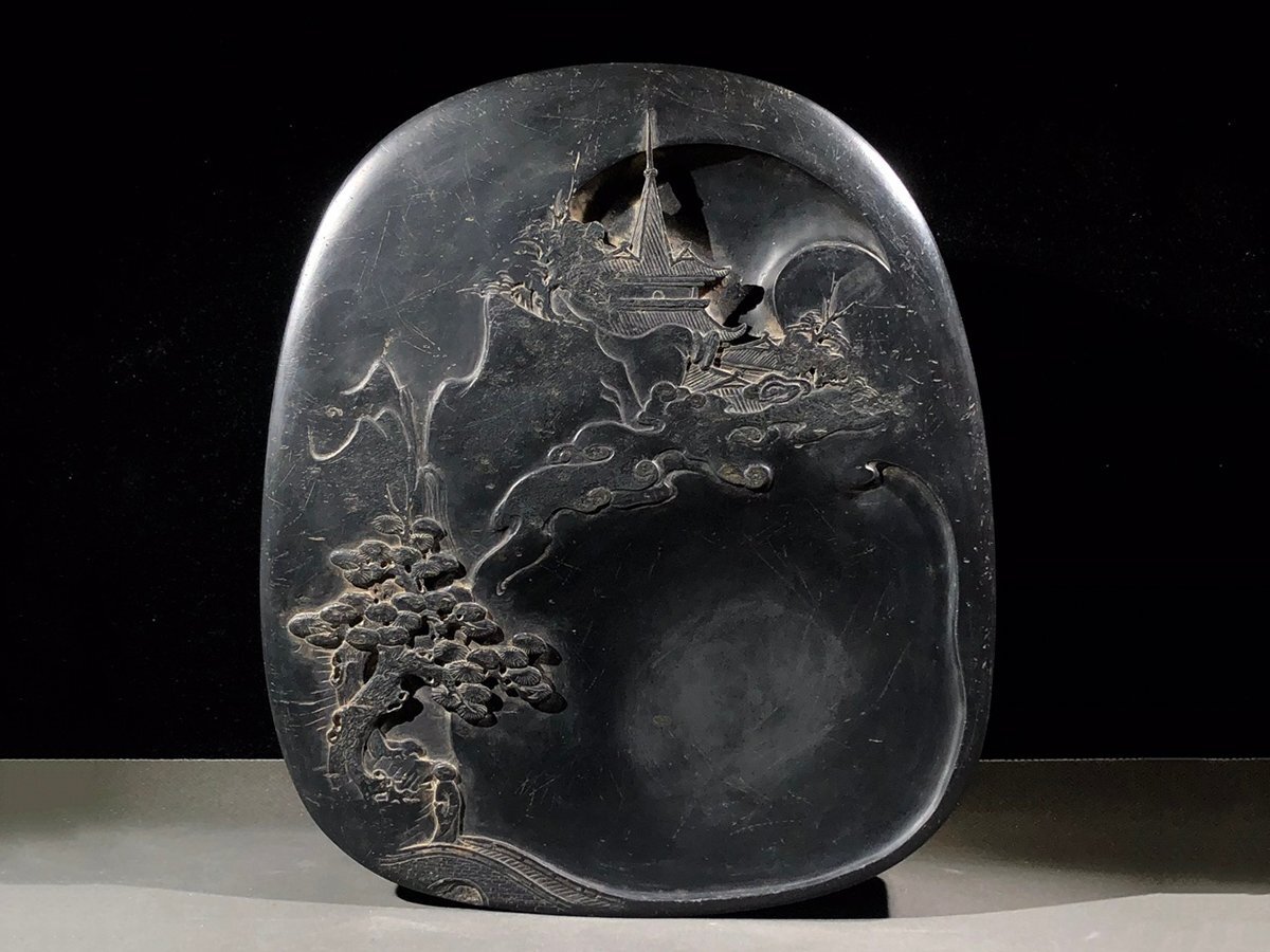 【安】清時代 戴蘭芬銘 金星歙硯 山水人物紋硯 書道具 文房具 極細工 中国古美術 時代物 古董品 286拍卖