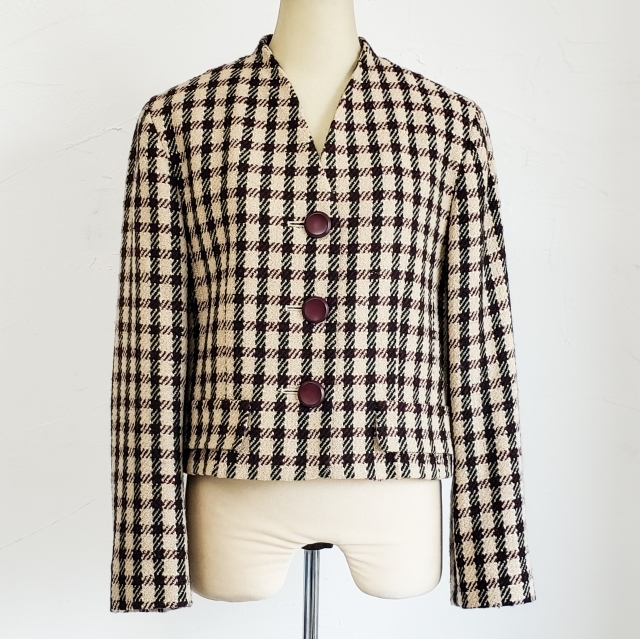 ジュンアシダ チェック柄 ウール ツイード ノーカラー ジャケット 9号 ベージュ系 jun ashida拍卖