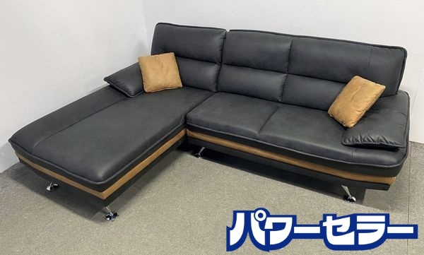 レザーファブリック カウチソファ グレー系 クッション付属 リビング インテリア コーナー L字 3人掛け 中古家具 店頭引取歓迎 R10148拍卖