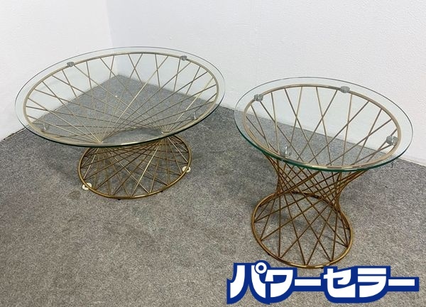 Francfranc/フランフラン マーリア コーヒーテーブル クリア×ゴールド φ800/φ500 2個セット ガラス 円形 中古家具 店頭引取歓迎 R10137拍卖