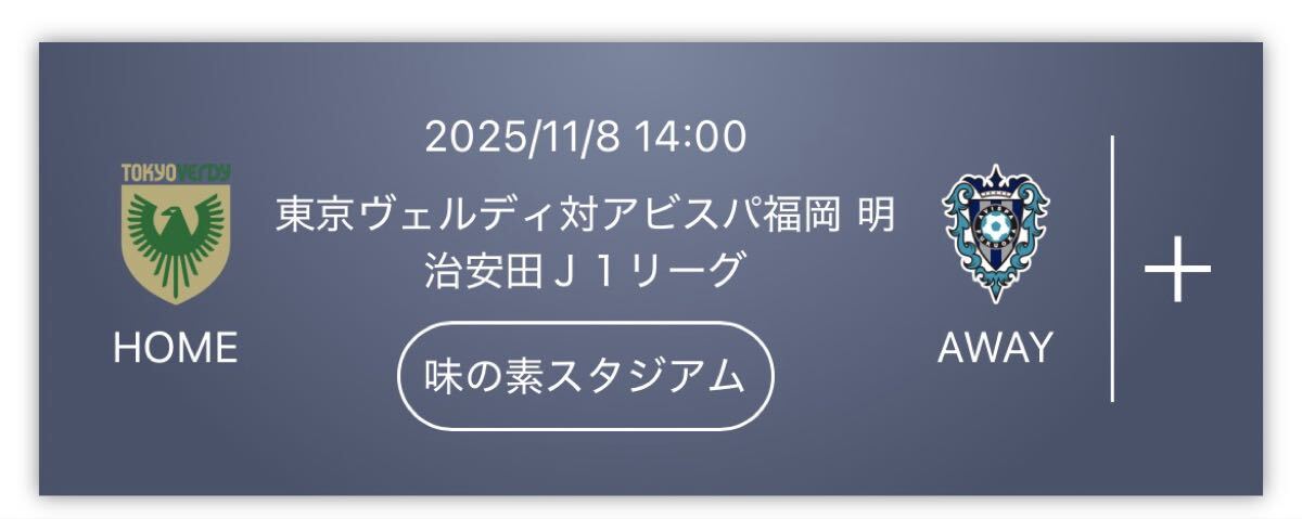 東京ヴェルディ 対 アビスパ福岡 Jリーグ サッカー 観戦 ペアチケット 味の素スタジアム 11/8 バックホーム自由席  QRチケット拍卖