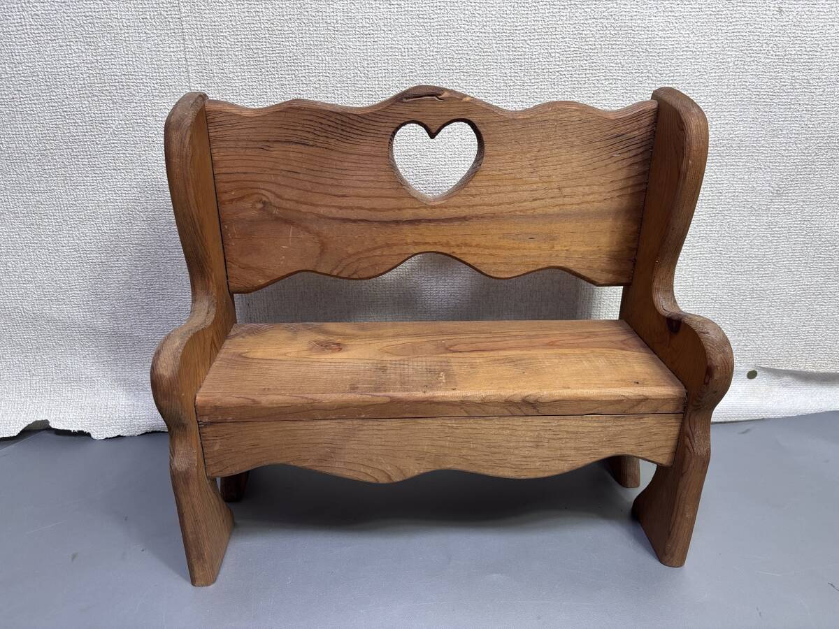 d4829◆カントリー家具◆ハート柄 木製オープン棚/シェルフ/ドール用ベンチ◆39.5×17×H36cm拍卖