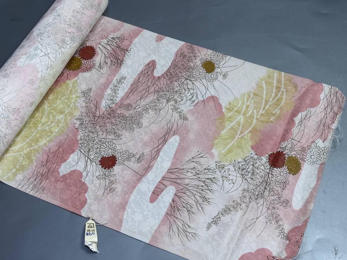 d5015◆未使用◆菊・桔梗・萩 秋文様 地模様あり 着物反物◆ピンク系拍卖