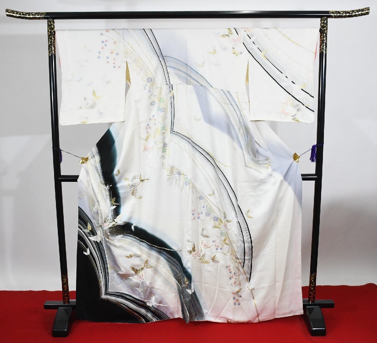 小紋 着物 袷 蝶々 金彩 ゴールドパピヨンフラワー 身丈159cm 裄丈67.5cm ★ kb-7277 桜庭呉服店拍卖