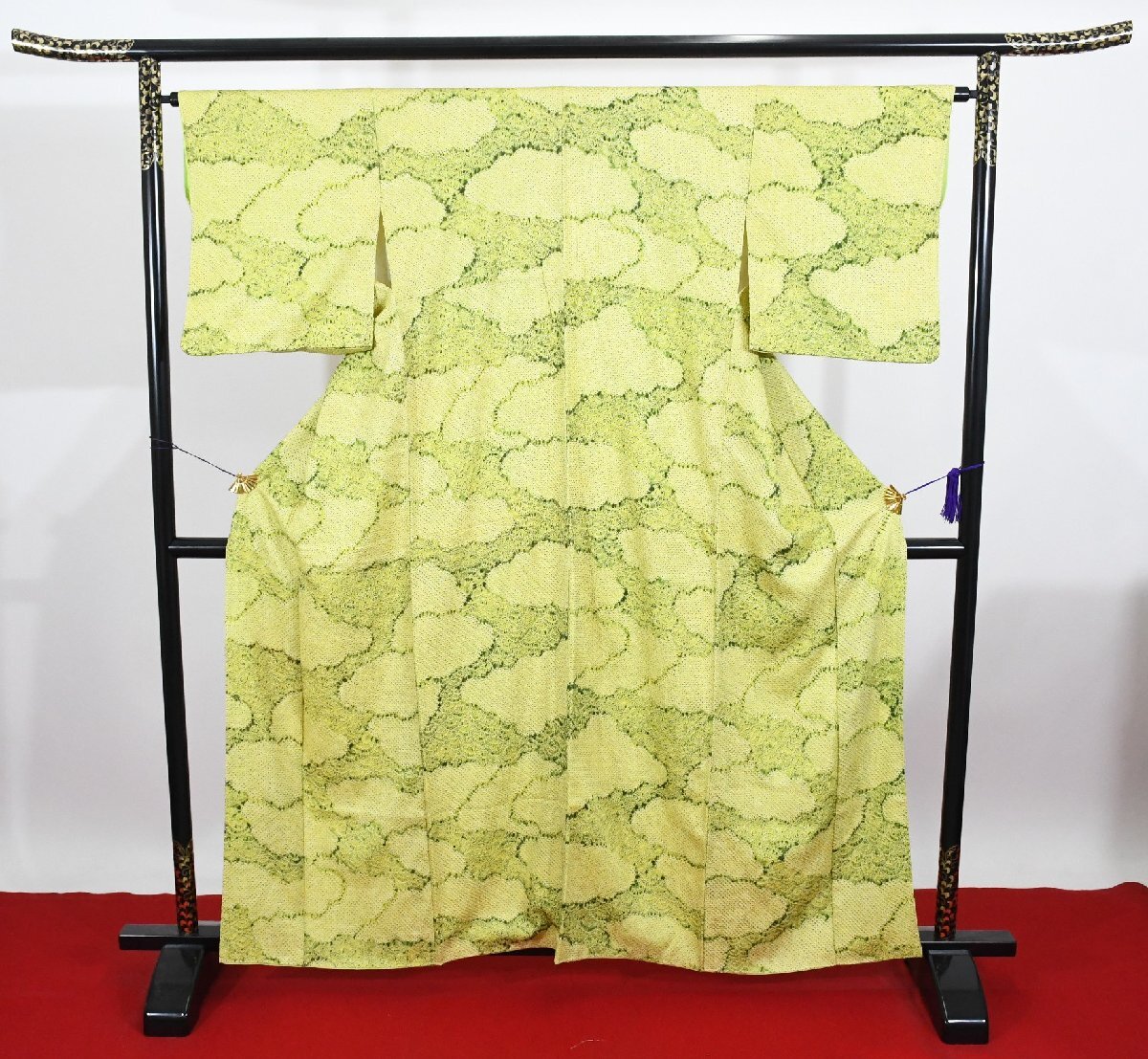 小紋 着物 袷 絞り 青海波 黄葉色萌黄色 総絞り 身丈153cm 裄丈64.5cm ★ kb-7298 桜庭呉服店拍卖