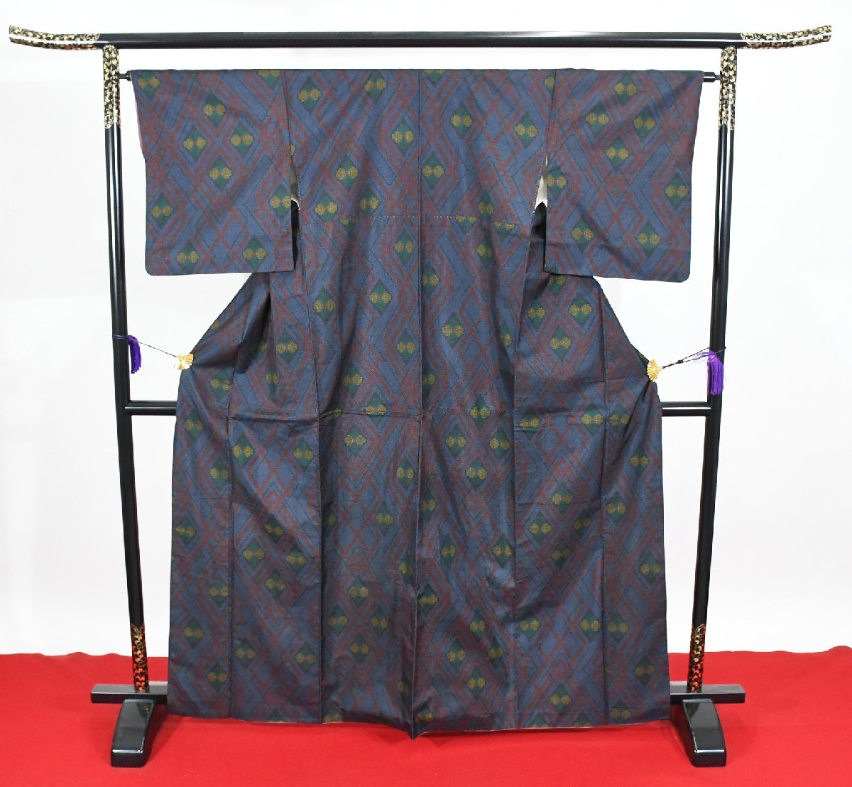 大島紬 菱文様 花 身丈157cm 裄丈65cm ★着物 pb-3690 桜庭呉服店拍卖