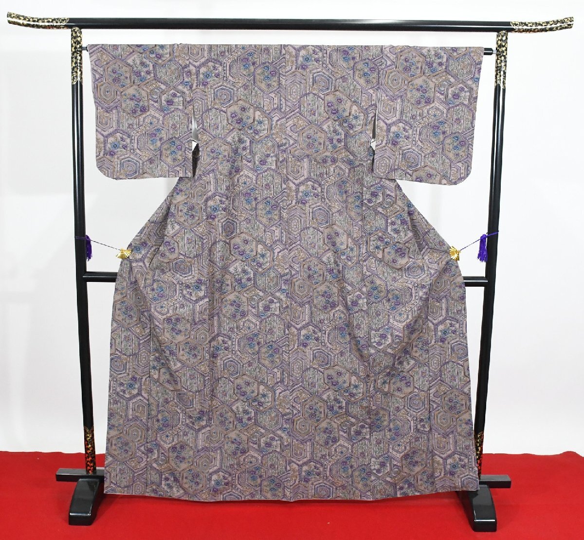 小紋 着物 袷 花 亀甲 和更紗 紫色 身丈159cm 裄丈65cm ★ kb-7421 桜庭呉服店拍卖
