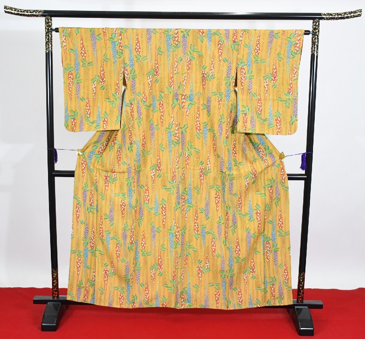 小紋 着物 袷 縞 藤の花 辛子色 身丈153cm 裄丈64cm ★ kb-7261 桜庭呉服店拍卖