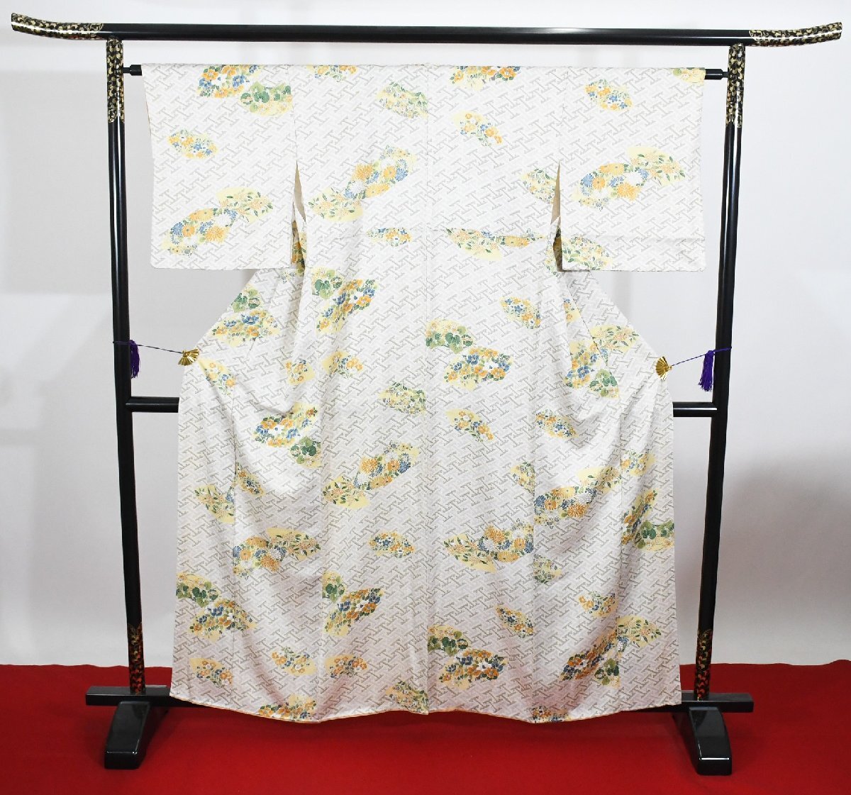 小紋 着物 袷 扇 花 身丈153cm 裄丈64.5cm ★ kb-7276 桜庭呉服店拍卖