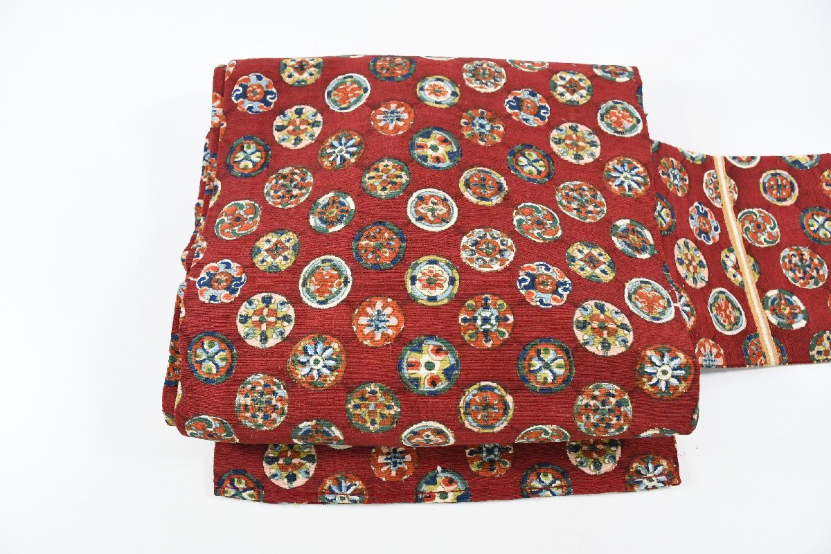 名古屋帯 アンティーク 丸文 花 帯丈328cm ★着物屋 ne-16454 桜庭呉服店拍卖