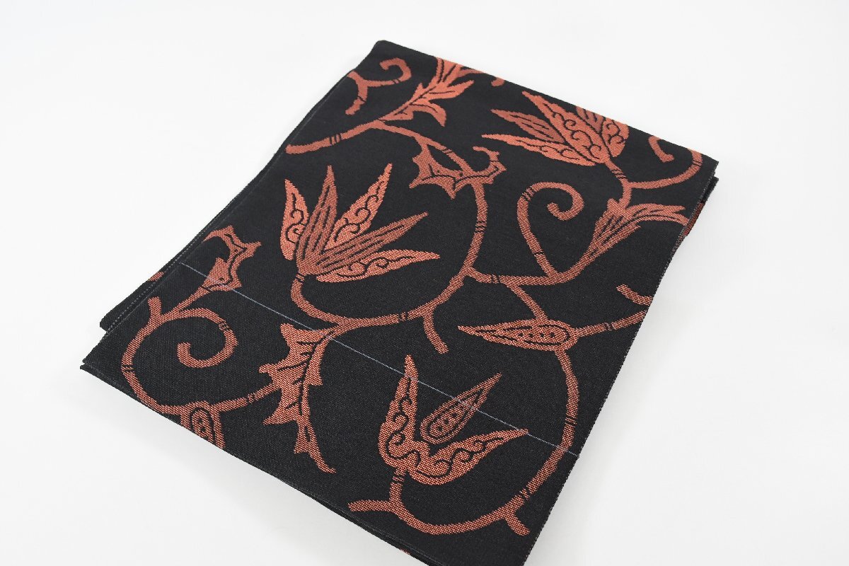 名古屋帯 松葉仕立て 唐草文 葉 黒 帯丈344cm ★着物屋 ne-16456 桜庭呉服店拍卖