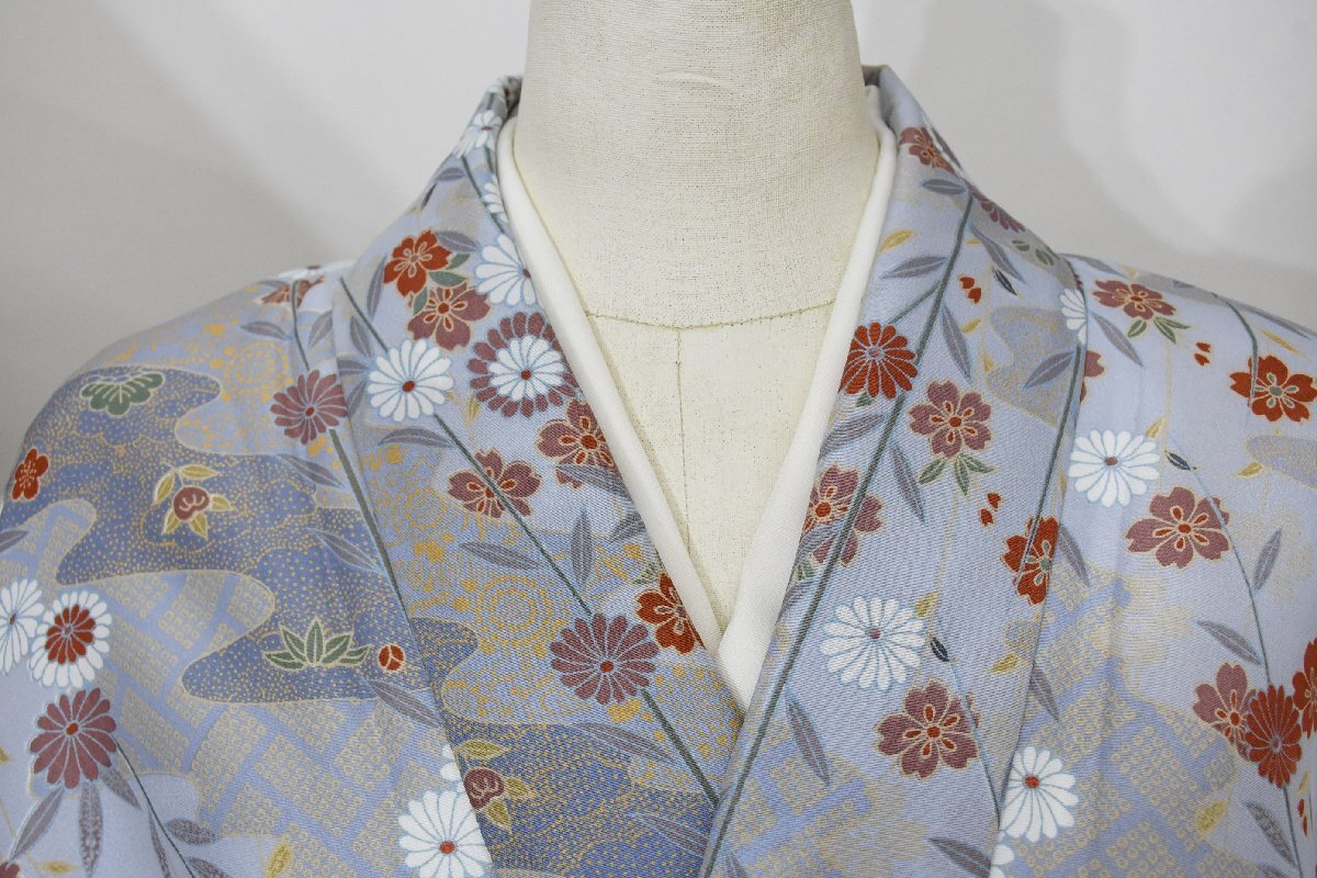 小紋 着物 袷 流水 花 菊 洗える着物 身丈160cm 裄丈65cm ★ kb-7344 桜庭呉服店拍卖