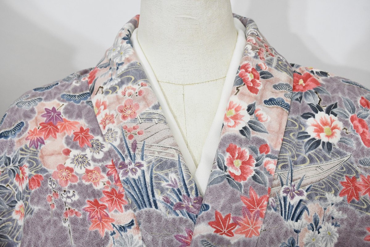 小紋 着物 袷 花 正絹 水辺文様 身丈157cm 裄丈64.5cm ★ kb-7270 桜庭呉服店拍卖