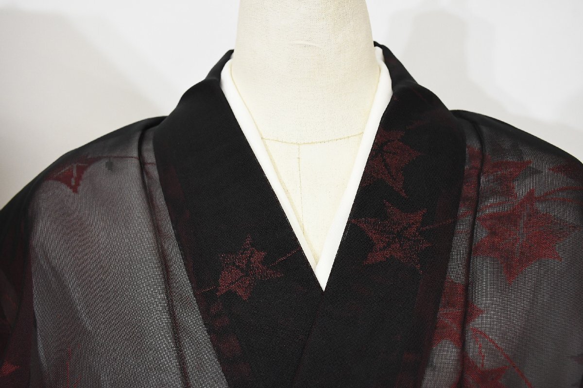 小紋 着物 夏着物 紗 楓 臙脂黒 身丈152cm 裄丈62cm ★ kb-7293 桜庭呉服店拍卖