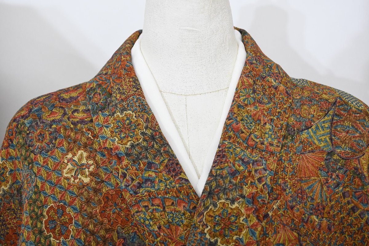 小紋 着物 袷 縮緬 正絹 楽器文 鼓文 和更紗柄 身丈161cm 裄丈65.5 cm ★ kb-7286 桜庭呉服店拍卖