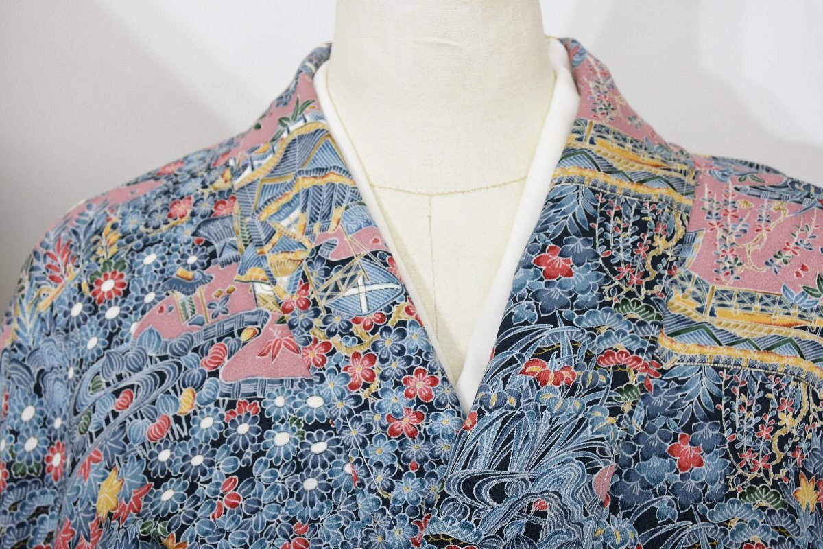 小紋 着物 袷 御所風景 花尽くし 正絹 身丈153cm 裄丈63cm ★ kb-7280 桜庭呉服店拍卖