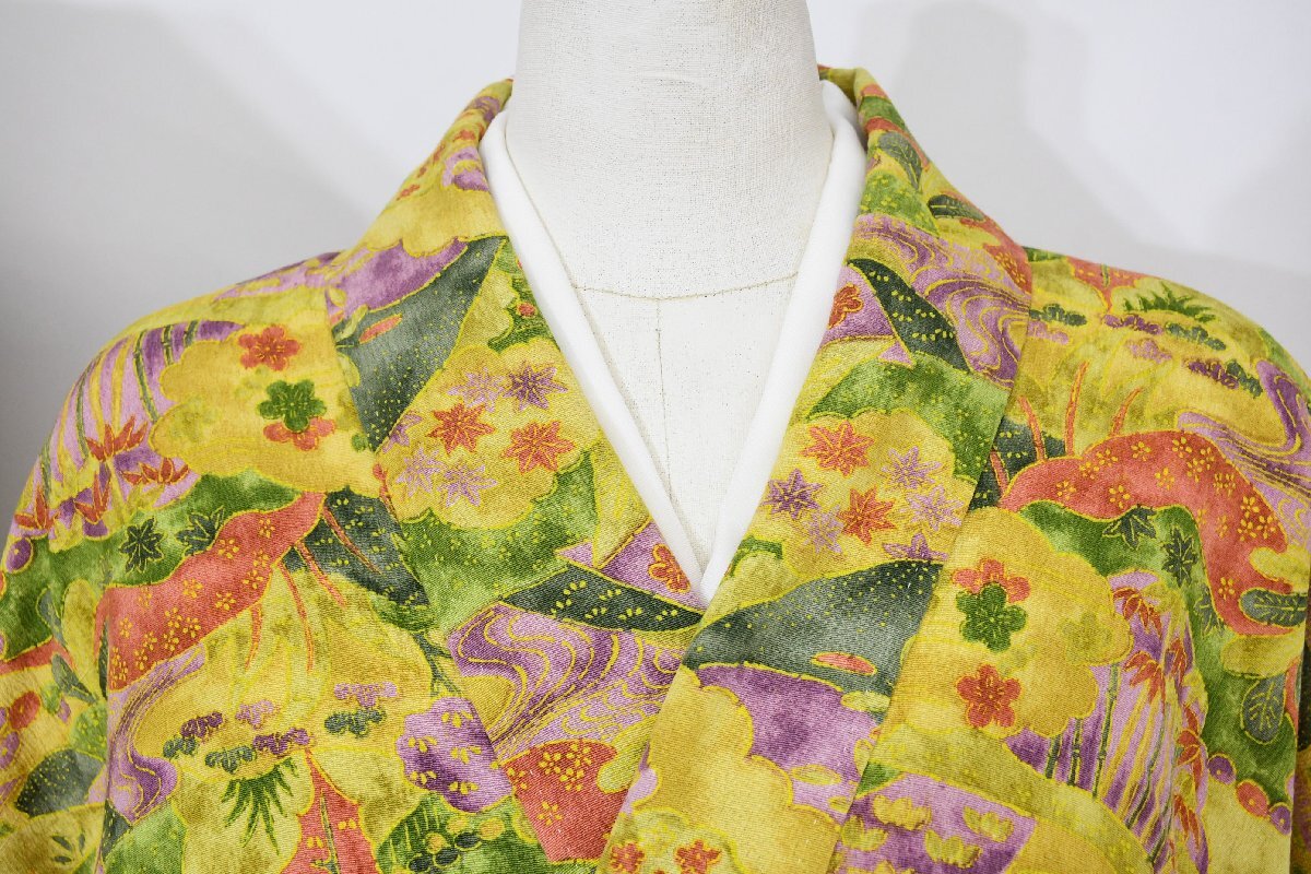 小紋 着物 袷 雲文様 花 遠山文様 蒲公英色 身丈152cm 裄丈65.5cm ★ kb-7259 桜庭呉服店拍卖