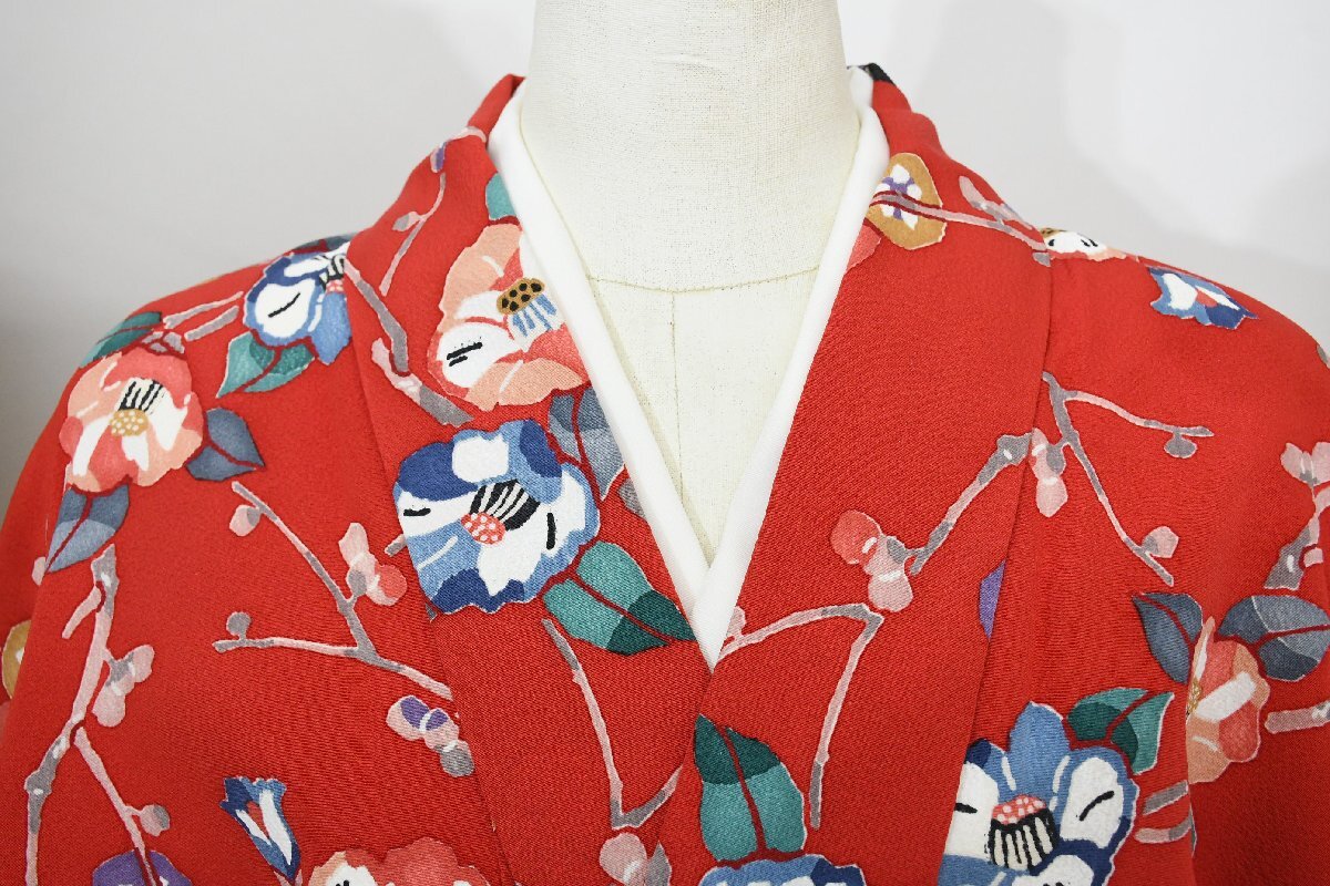 小紋 着物 袷 枝椿 モダン 紅 赤 身丈152cm 裄丈65.5cm ★ kb-7428 桜庭呉服店拍卖