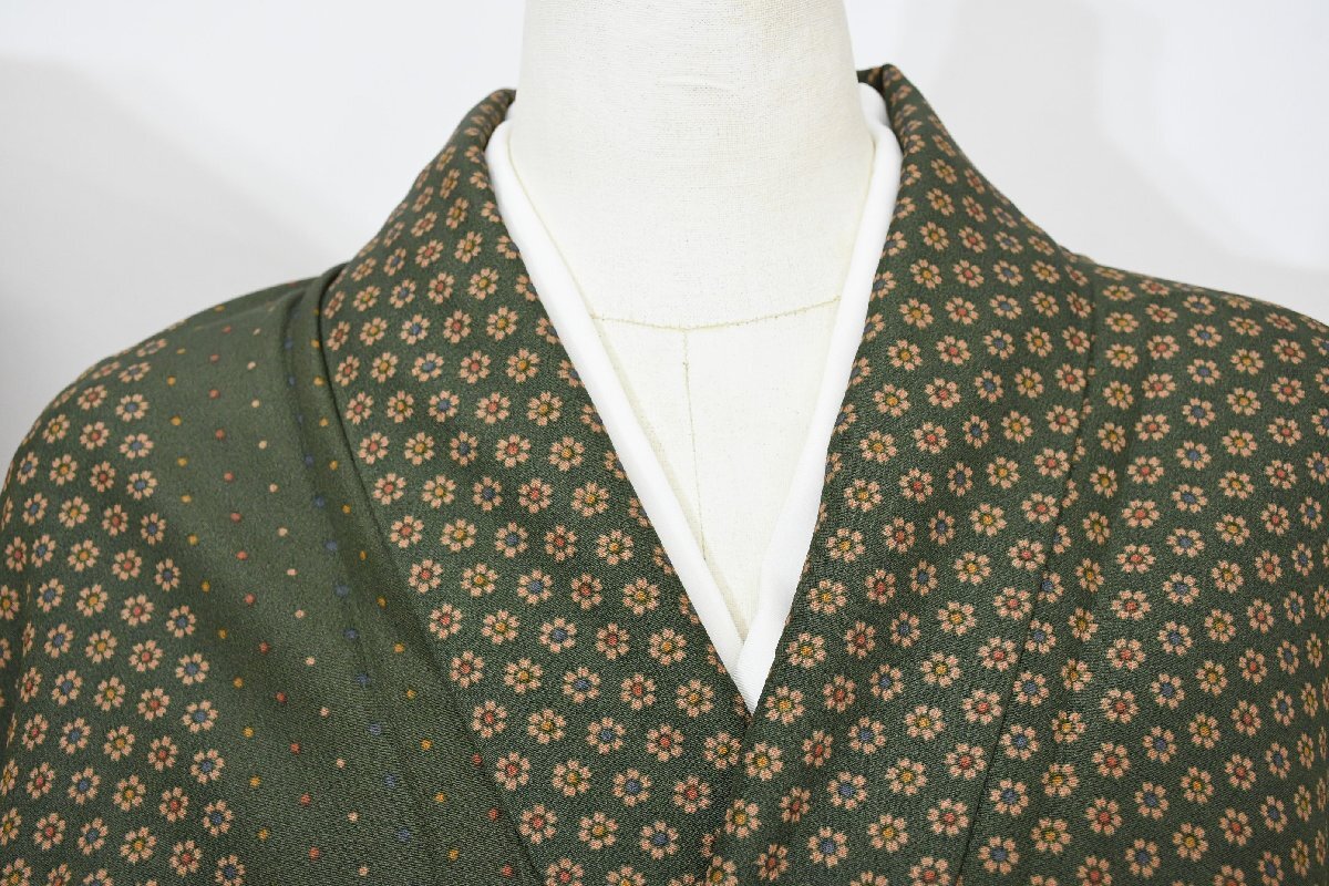 小紋 着物 袷 ドット 玉 花 小柄花 萌黄色 身丈159.5cm 裄丈67cm ★ kb-7375 桜庭呉服店拍卖