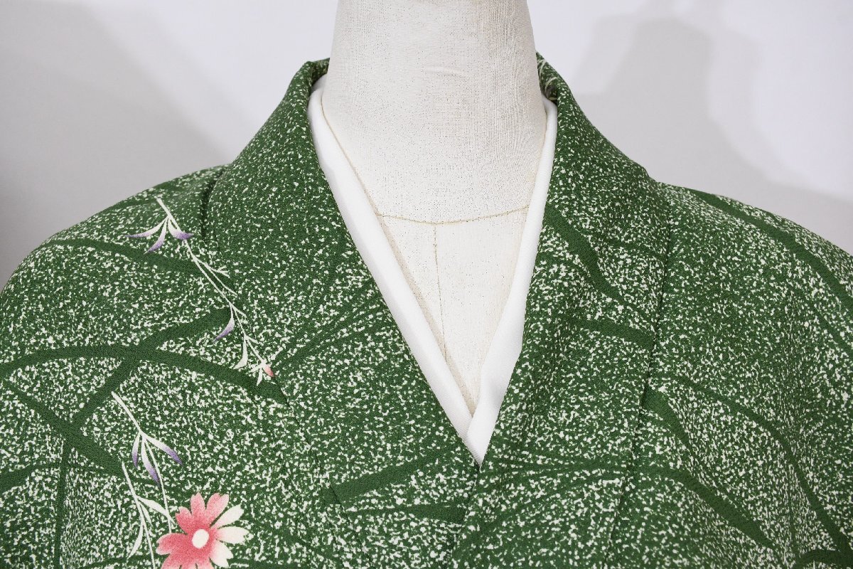 小紋 着物 袷 萌黄色 芝 花 洗える着物 身丈159.5cm 裄丈66cm ★ kb-7402 桜庭呉服店拍卖