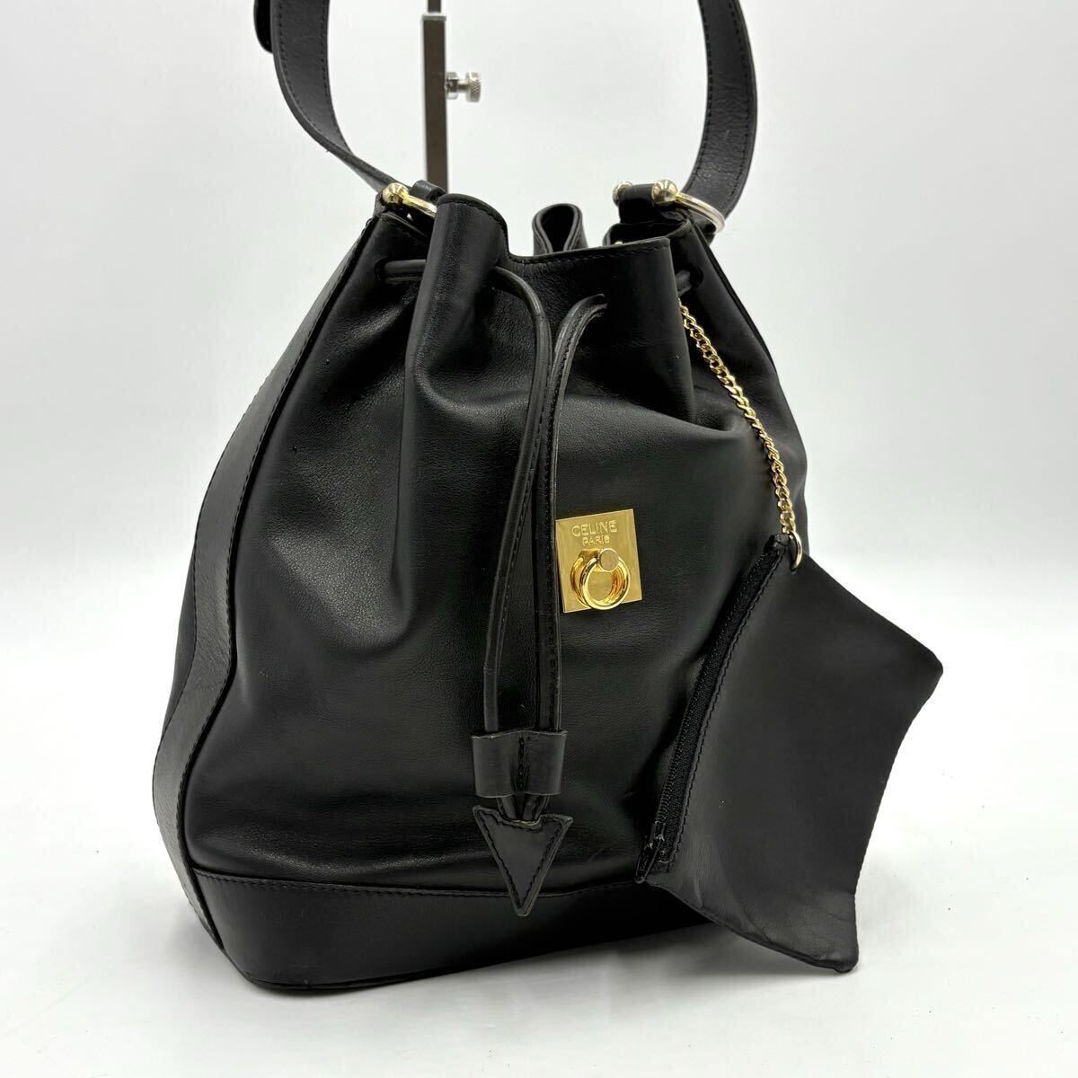 1円/極美品●CELINE セリーヌ ガンチーニ金具 ゴールド金具 巾着 ショルダーバッグ バケットバッグ レザー 本革 ブラック 黒 付属品P付き拍卖