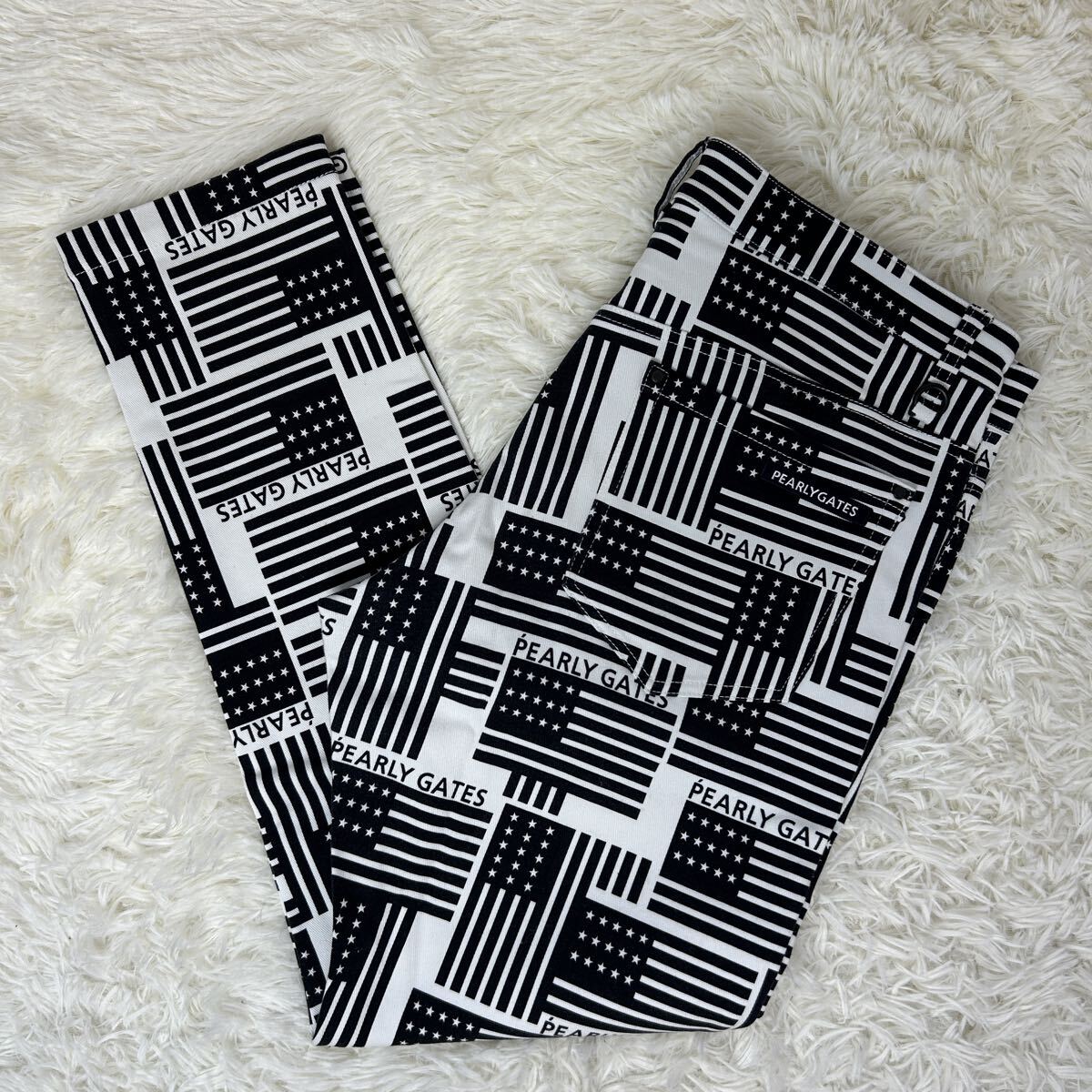 2XLサイズ 7【ほぼ未使用品/希少モデル】PEARLY GATES パーリーゲイツ パンツ ストレッチ 総柄 星条旗 メンズ タグ ゴルフ 秋冬用 防風拍卖