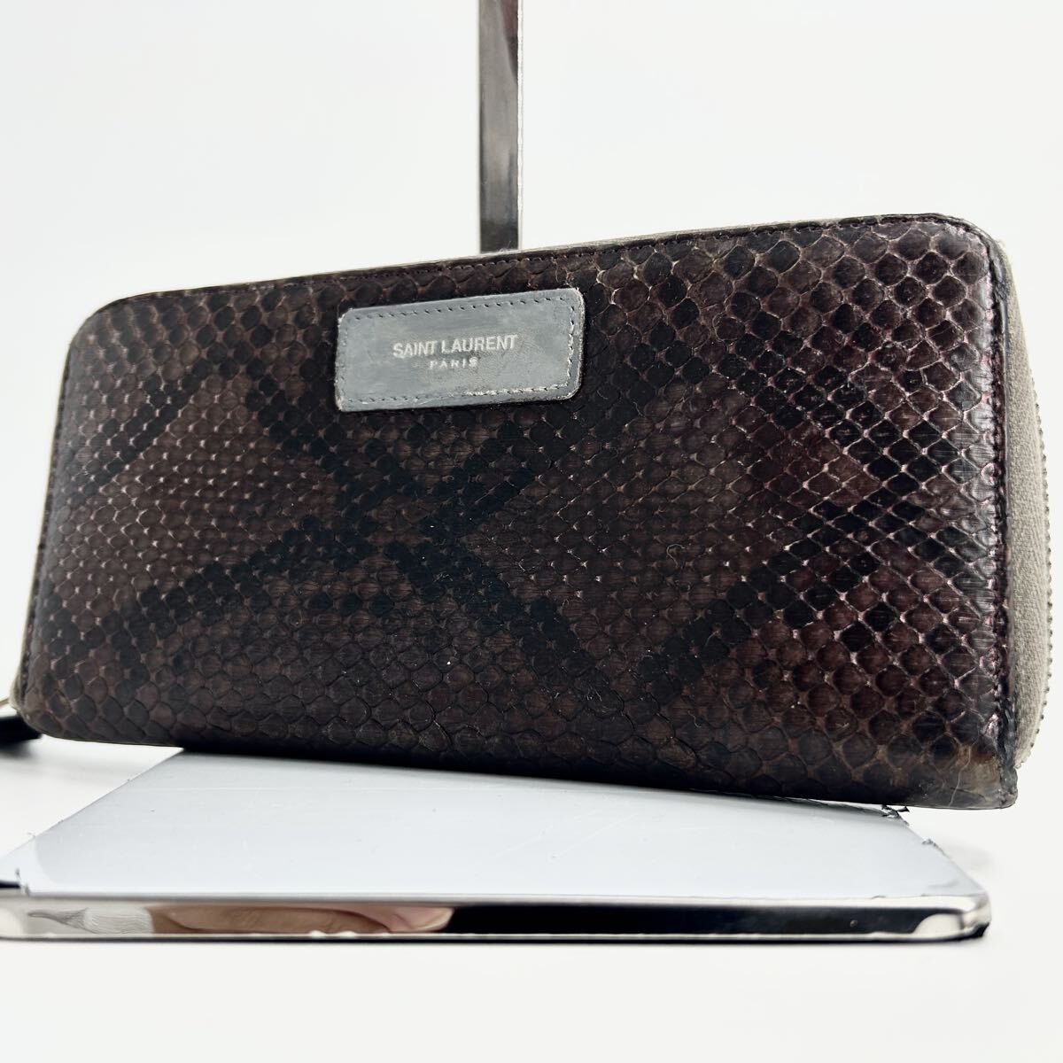 希少モデル・良品 SAINT LAURENT サンローラン 長財布 パイソン スネイク 蛇革 レザー 本革 ラウンドファスナー メンズ ビジネス 多収納 拍卖