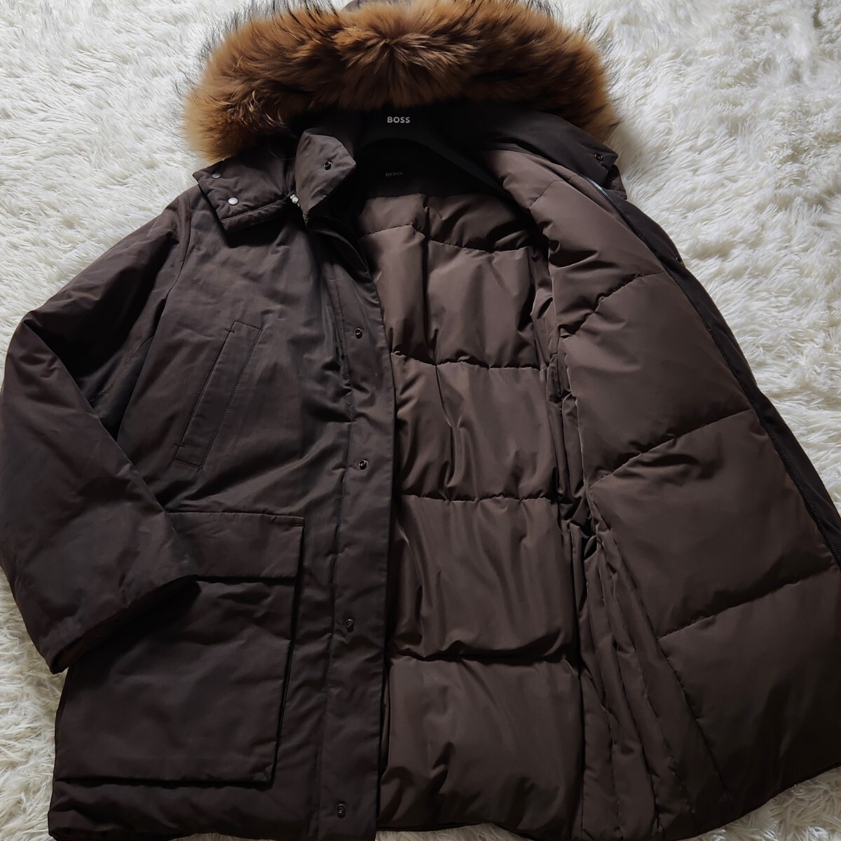 入手困難 希少 XXL相当 HUGO BOSS ヒューゴボス ダウンジャケット 2way フード着脱 リアルファー リアルダウン ブラウン 拍卖