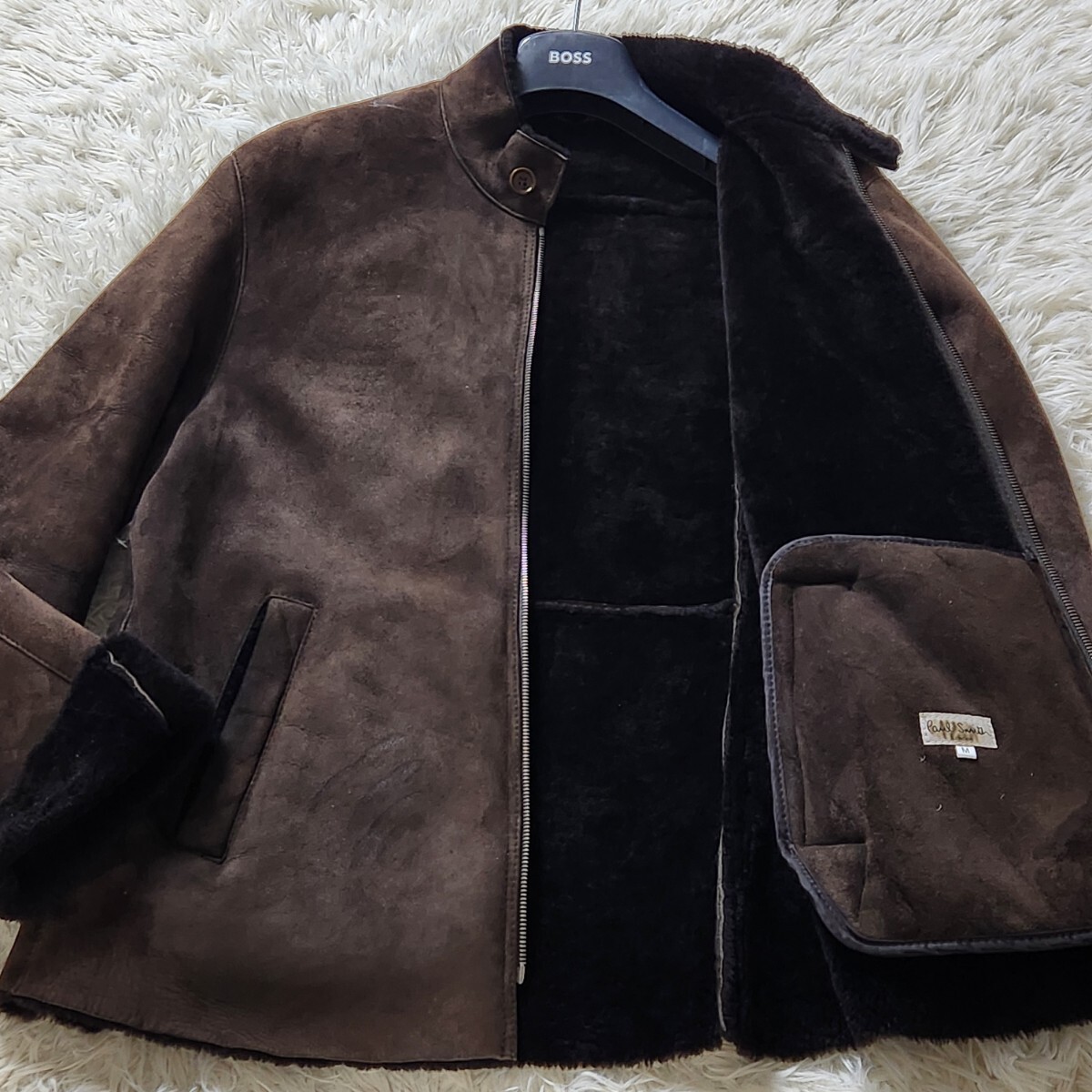 入手困難 L相当 Paul Smith ポールスミス ライダースジャケット リアルムートン 羊革 ラムレザー 極暖◎ ブラウン ボア 拍卖