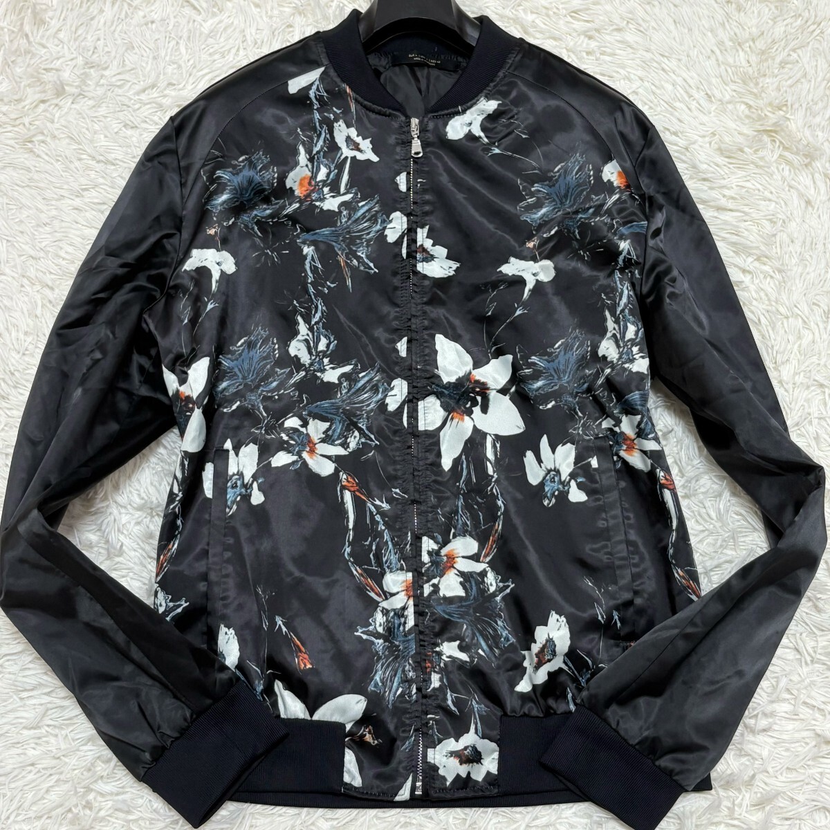 希少美品◎Lサイズ ZARA MAN ザラ マン 花柄 スカジャン サテンブルゾン ベトナムジャンパー 黒 ブラック サイドライン フローラルプリント拍卖