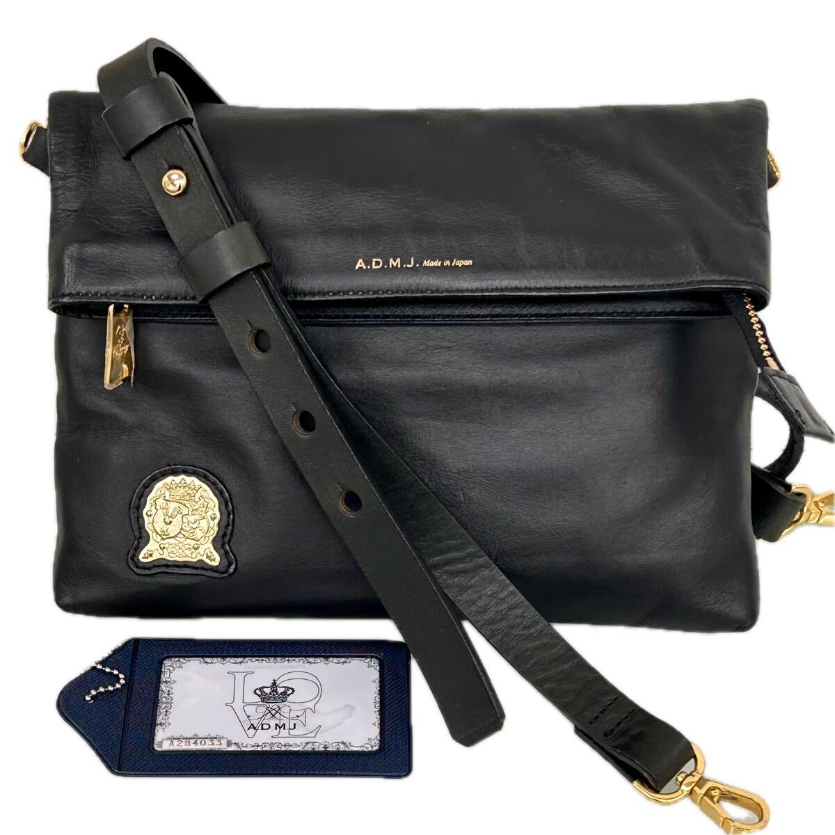 【未使用に近い】 A.D.M.J エーディーエムジェイ ショルダーバッグ クラッチバッグ ブラック レザー 横25×高さ17×幅1拍卖