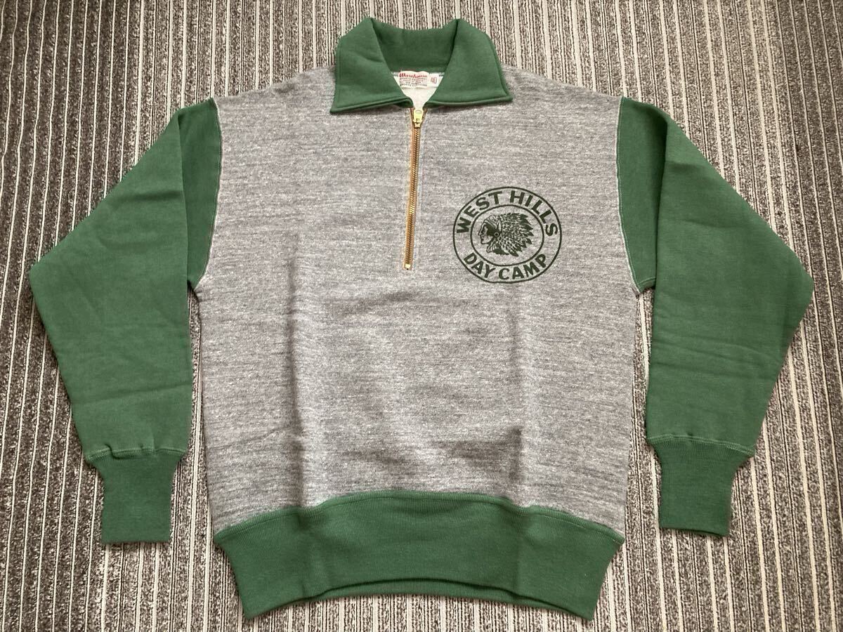 新品 日本製 ウエアハウス 衿付 ハーフジップ スウェット WEST HILLS 40 杢グレー グリーン 染み込みプリント アメリカビンテージスタイル拍卖
