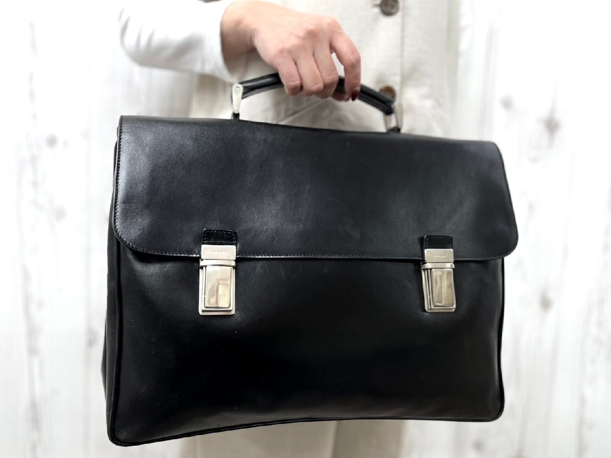 美品 PRADA プラダ ビジネスバッグ ハンドバッグ バッグ V151 レザー 黒 A4収納可 メンズ 91227拍卖