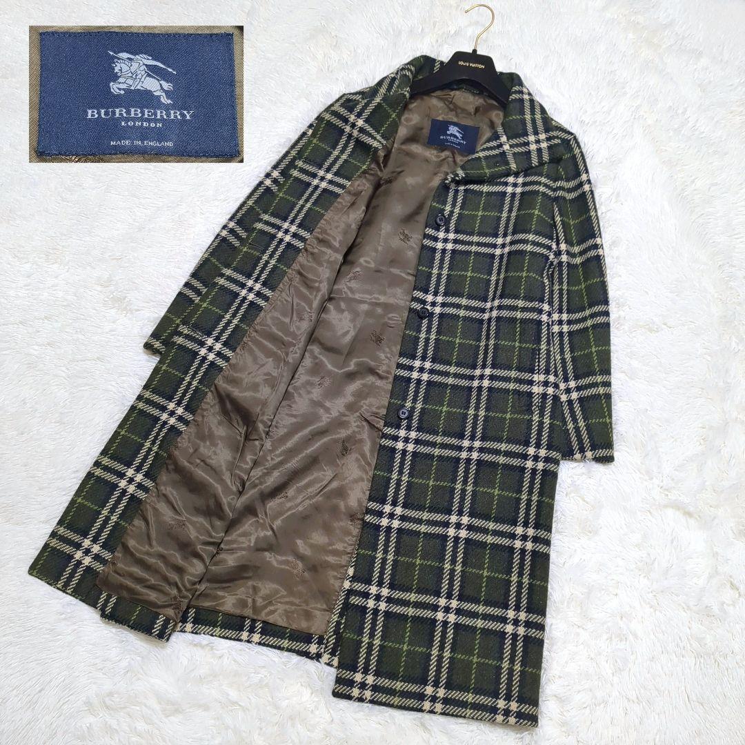 【美品】バーバリーロンドン ウール ロングコート グリーン 英国製 M 比翼拍卖