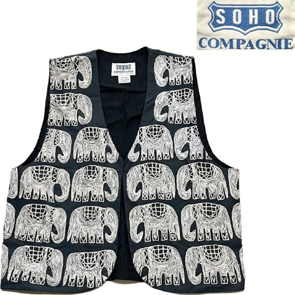 1点物◆SOHO象さん刺繍ベスト羽織り黒ジレ古着SメンズレディースOKアメカジ90sストリートスポーツ中古ブランドジャケット紺US手作り362175拍卖
