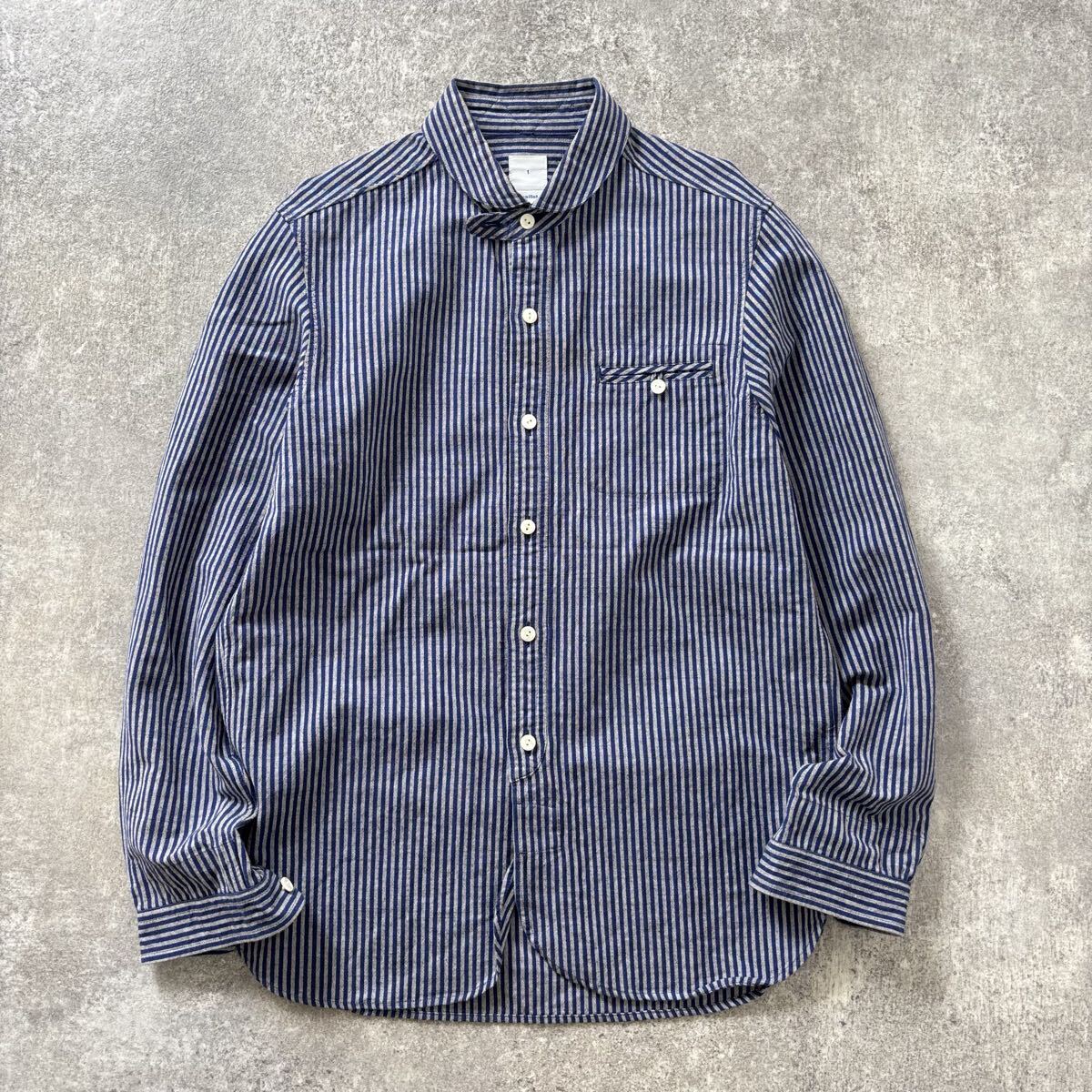 maillot マイヨ コットン×リネン ラウンドカラー ストライプ 長袖 シャツ ストラップ 日本製 綿麻 メンズ ユニセックス (1) ●r-945拍卖