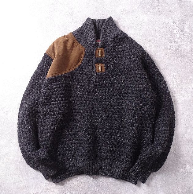 McGREGOR マクレガー ウール100% ヘンリー ローゲージ ニット セーター エルボーパッチ ワッフル ポップコーン ハンティング (L) r-991拍卖