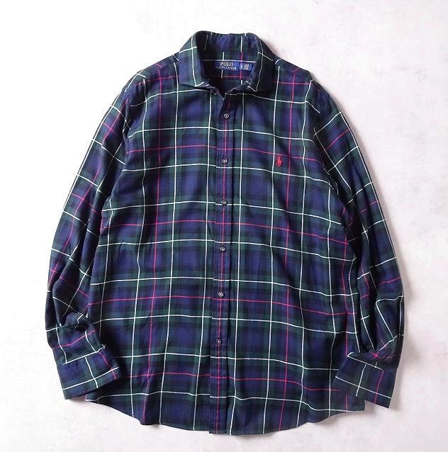 POLO RALPH LAUREN ポロ ラルフローレン ホリゾンタルカラー チェック 長袖シャツ ネルシャツ コットン メンズ (L) グリーン ●r-958拍卖