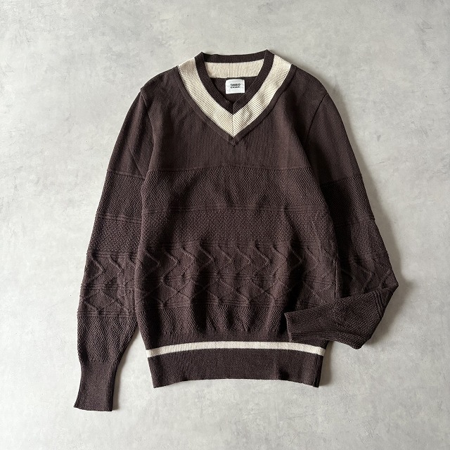 TAKEO KIKUCHI タケオキクチ 日本製 ウール100% 模様 ケーブル編み Vネック バイカラー プルオーバー ニット セーター (2) 焦茶 r-921拍卖
