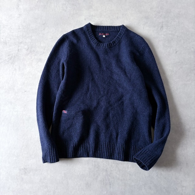 BLUE BLUE ブルーブルー ハリウッドランチマーケット 毛100% クルーネック ポケット ワッペン ニット セーター ネイビー (3) 杢紺 /r-939拍卖