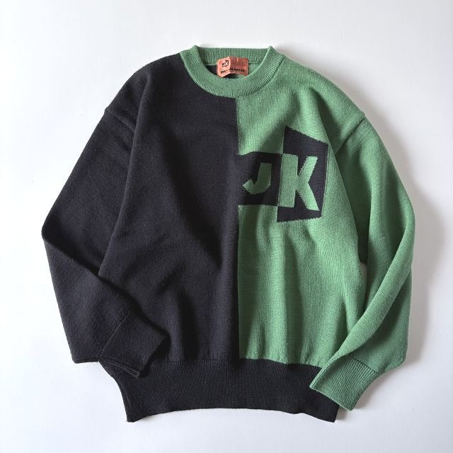 美品 Mr.JUNKO ミスタージュンコ ウール100% ロゴ デザイン クルーネック プルオーバー ニット セーター メンズ(L) 毛 黒 緑 日登美 r-942拍卖