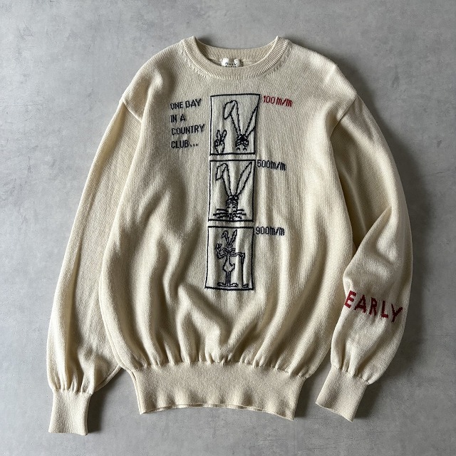 PEARLY GATES パーリーゲイツ 日本製 ウール100% 立ちウサギ ハイゲージ クルーネック ニット セーター (S) バニー ラビット柄 /r-974拍卖