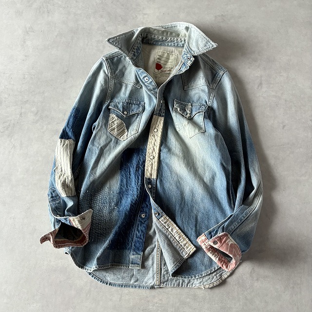 SEVESKIG セヴシグ 日本製 リメイクデザイン 加工デニム ウェスタンシャツ パッチワーク BORO ダメージ リペア セブシグ y2k (S) r-997拍卖