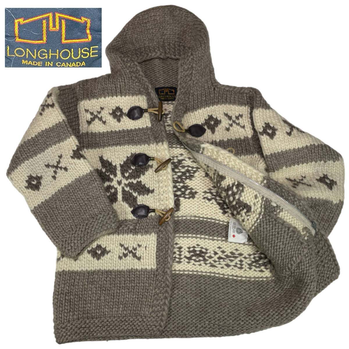 カナダ製 LONGHOUSE カウチンコート 42 (XLサイズ相当) カウチンセーター 大きいサイズ メンズ ダッフル 肉厚コート 防寒 フーディー拍卖