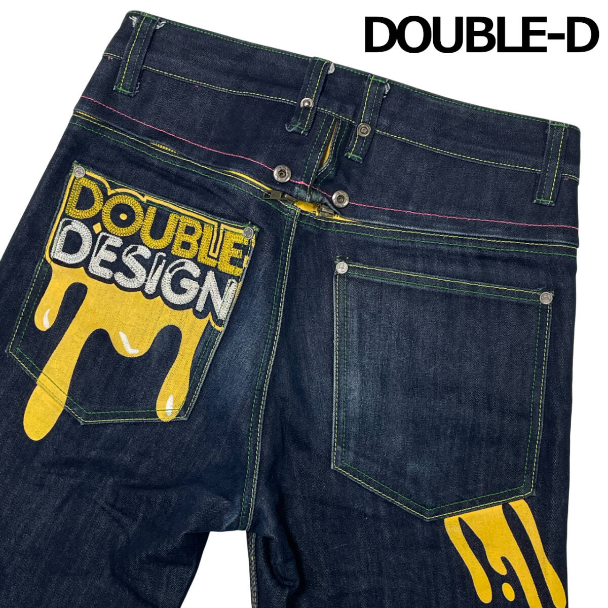 DOUBLE D ダブルディー ペイントデザイン デニムパンツ W30 (約77cm) プリントロゴ メンズ カラーデニム パンツ ジーンズ イエロー拍卖