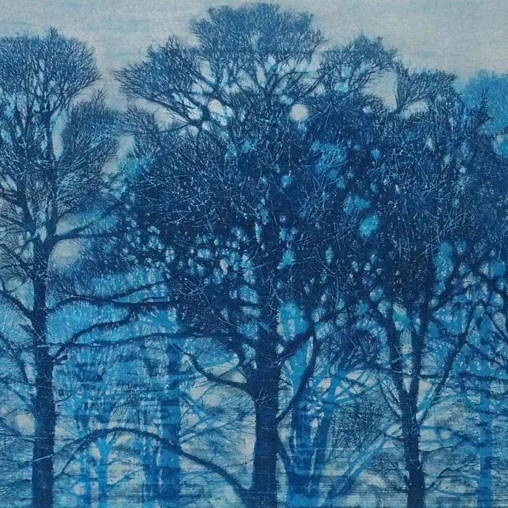 星襄一 「青い木立」 /木版画/直筆サイン・印有り/1972年制作/経年によるシミ、ヤケはございますが、版面の色は良好/真作保証/ENCHANTE拍卖