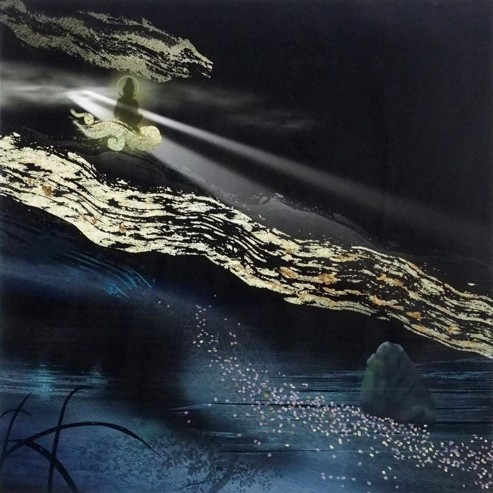 横手幹夫 「花筏」 /ミクストメディア/直筆サイン・印有り/はないかだ/趣きのある作品/名古屋市在住/真作保証/ENCHANTE拍卖