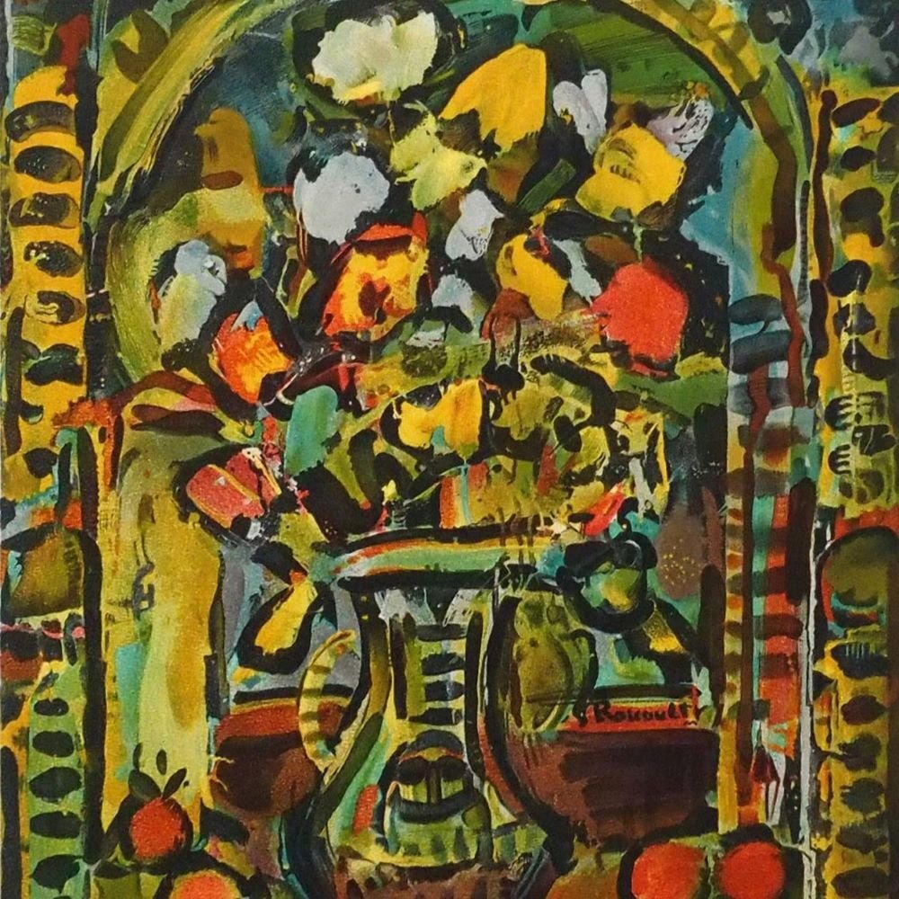 ジョルジュ・ルオー「装飾的な花」 /リトグラフ/1986年毎日新聞社発行/ムルロ工房エンボス有り/宗教画家/師:モロー/真作保証/ENCHANTE拍卖